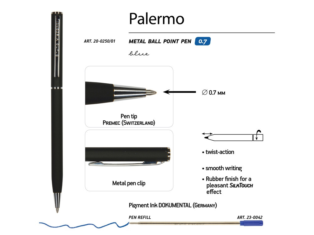 Ручка Palermo шариковая автоматическая, черный металлический корпус, 0,7 мм, синяя - фото 3 - id-p87184318