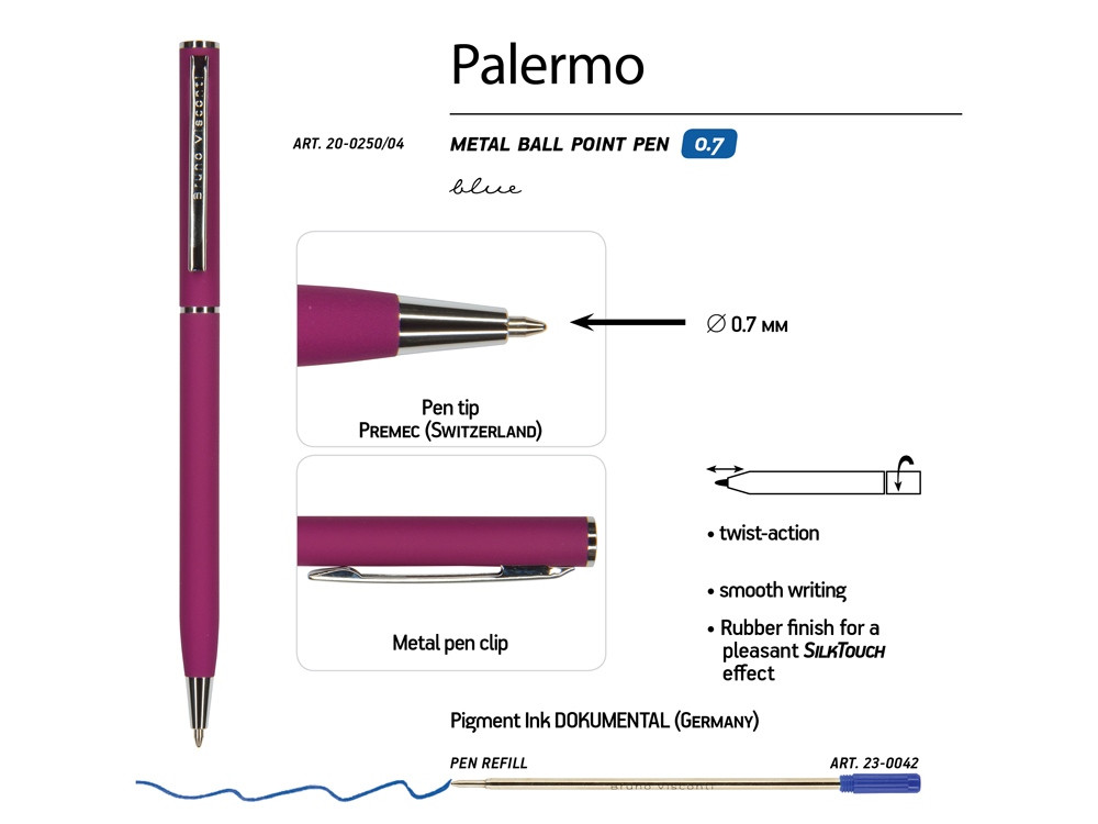 Ручка Palermo шариковая автоматическая, бордовый металлический корпус, 0,7 мм, синяя - фото 3 - id-p87184320