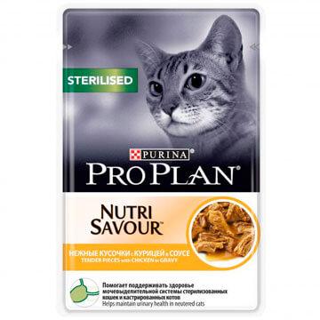 Pro Plan Sterilised для стерилизованных кошек и кастрированных котов, курица в соусе, пауч 85гр.