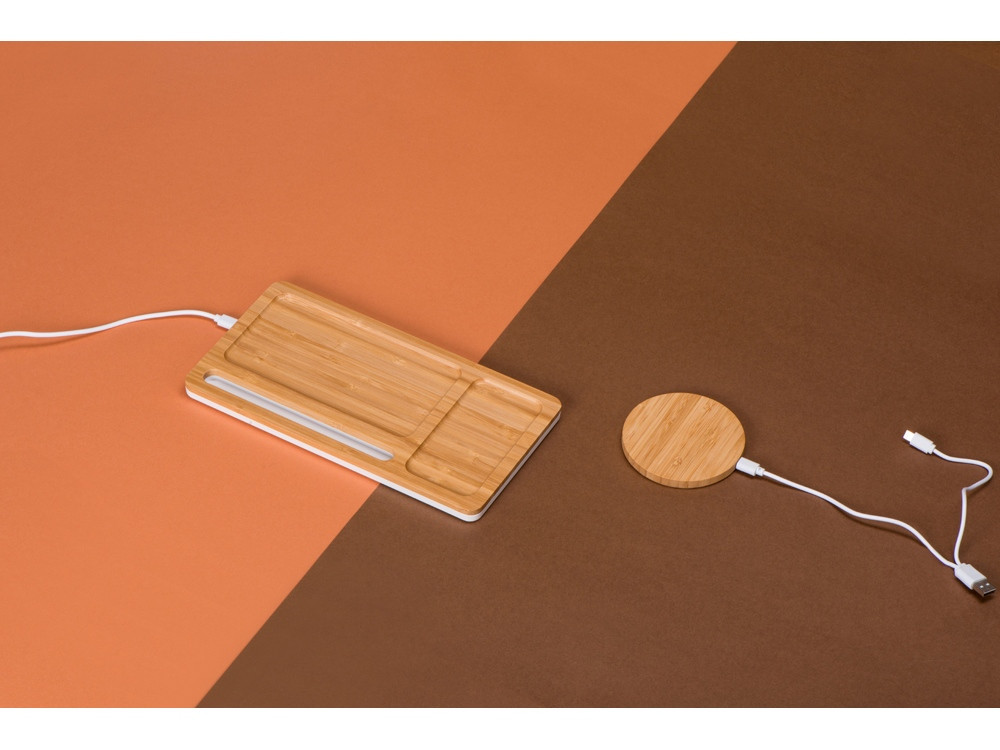 Беспроводное зарядное устройство-органайзер из бамбука Timber, натуральный/белый - фото 7 - id-p87294472
