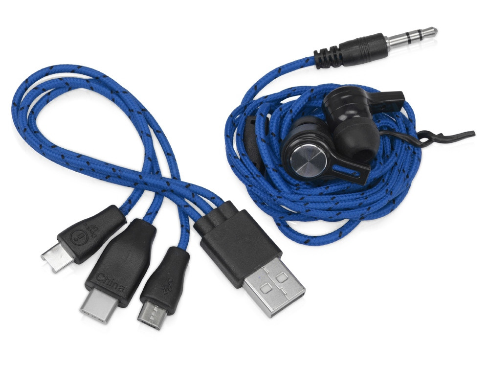 Набор с наушниками и зарядным кабелем 3-в-1 In motion, синий - фото 4 - id-p87294527