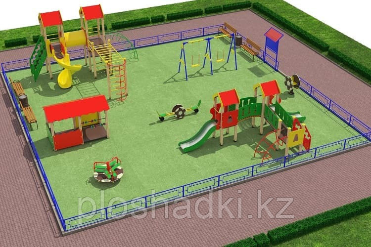 Детская площадка игровой комплекс, песочница, качалка на пружине, качеля балансир, качеля, скамейки, урны.