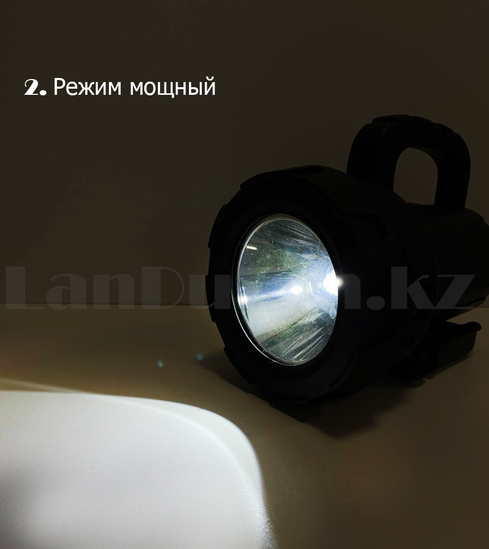 Ручной аккумуляторный светодиодный фонарь прожектор зарядка от сети и прикуривателя с 2 режимами свечения - фото 7 - id-p87383914
