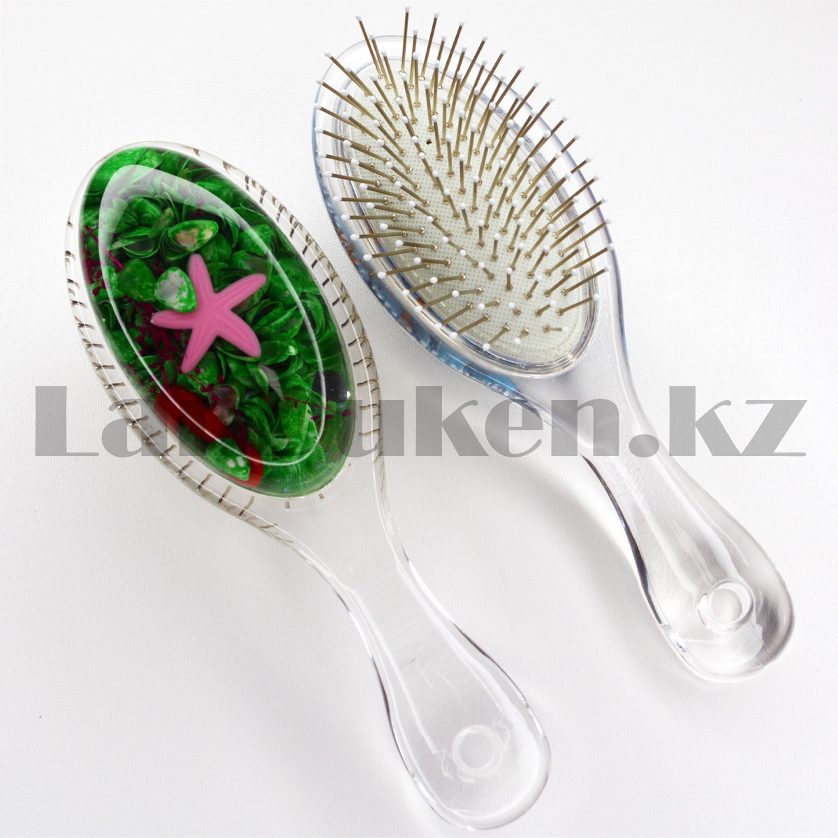 Массажная расческа 3D с металлическими зубцами Crystal comb с ракушками зеленая