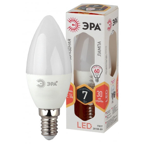 Лампочка ЭРА B35-7W-827-E14 (диод, свеча, 7Вт, тепл, E14)