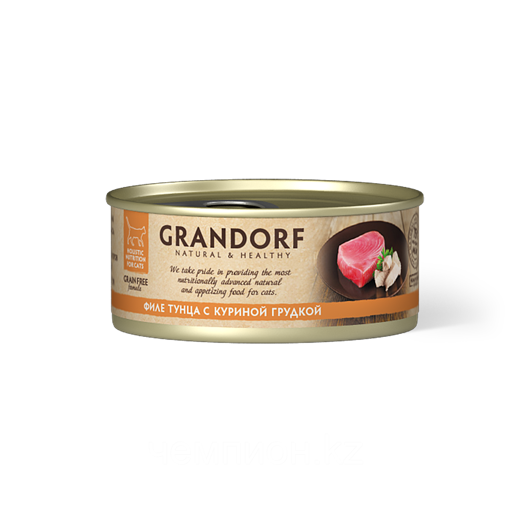 12628 GRANDORF Филе тунца с куриной грудкой, влажный корм для кошек всех возрастов, баночка 70гр. - фото 1 - id-p87764104
