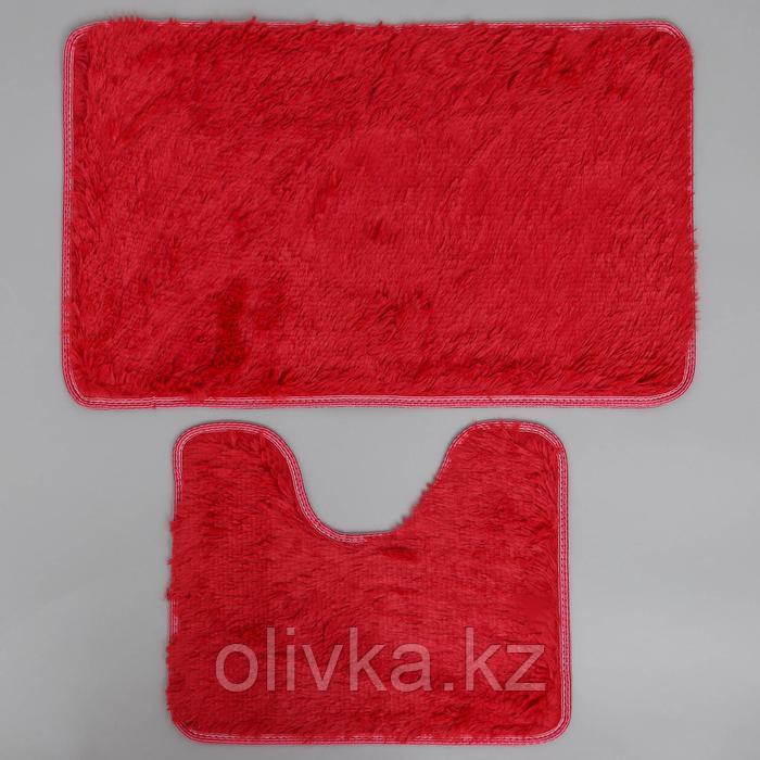 Набор ковриков для ванны и туалета Доляна «Мягкий», 2 шт: 40×50, 50×80 см, цвет бордовый