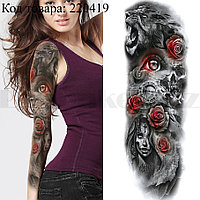 Временное тату на руку лев девушка розы 48х18 см TQB-063