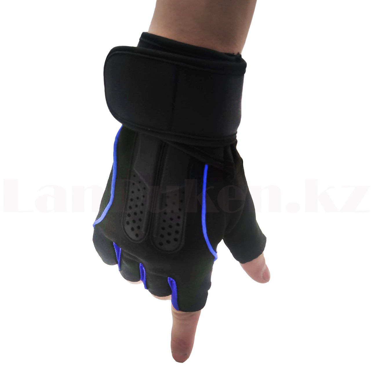 Перчатки для фитнеса и тренажеров турника противоскользящие (без пальцев) черно-синие - фото 2 - id-p87479005
