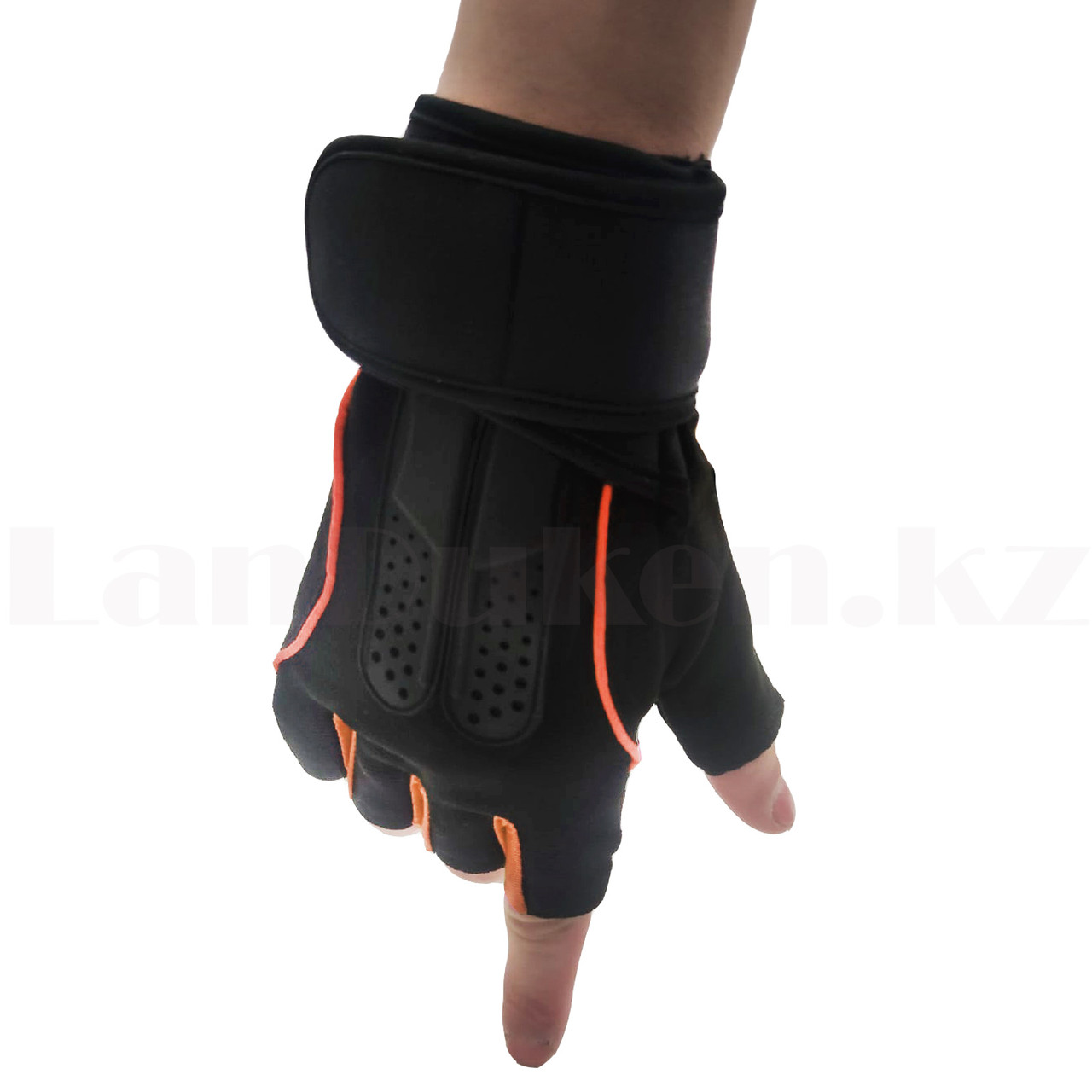 Перчатки для фитнеса и тренажеров турника противоскользящие (без пальцев) черно-оранжевые - фото 2 - id-p87479022