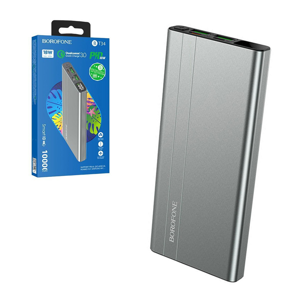 Power bank Borofone BT34, 10000mAh, 2XUSB, PD 18W, QC 3.0, Metal Gray