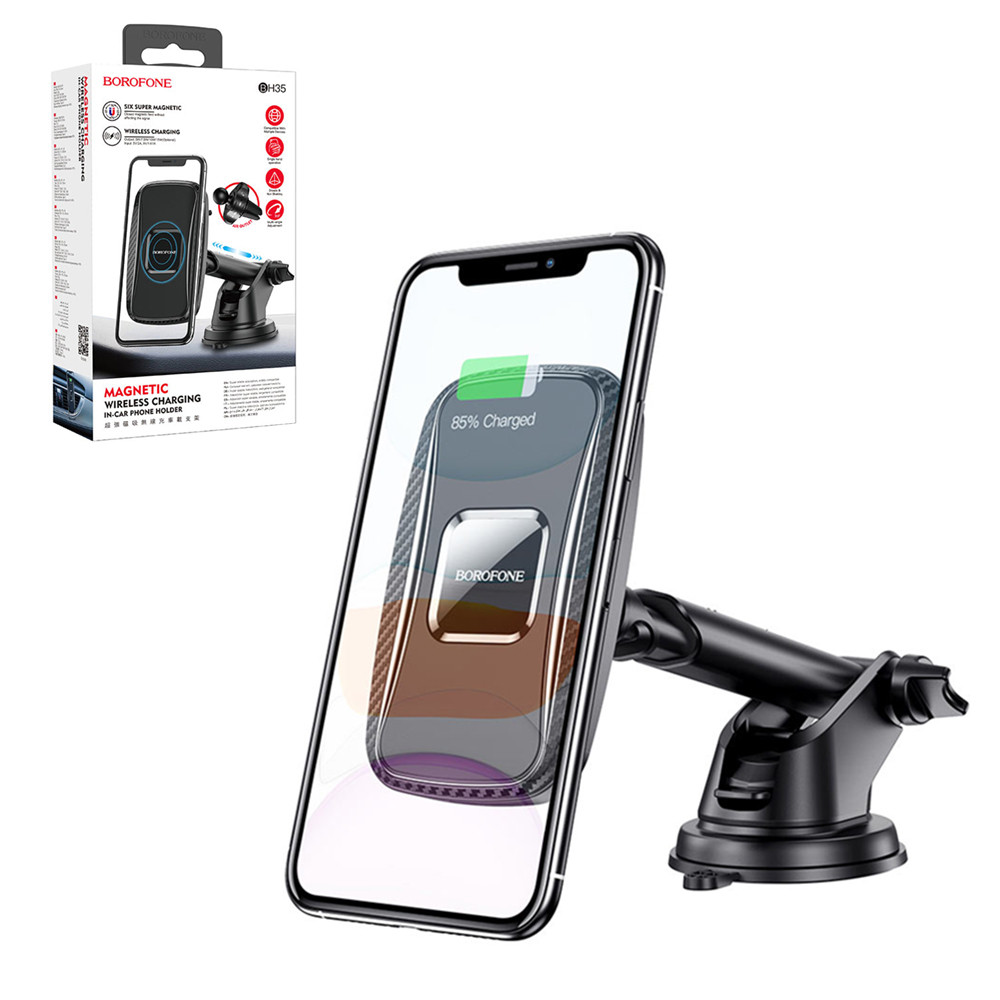 Автодержатель магнитный с беспроводной зарядкой Borofone BH35, Black