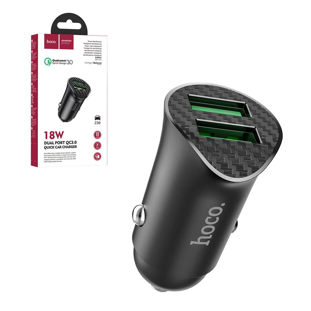 Автомобильное зарядное устройство Hoco Z39, 2XUSB, 18W, QC 3.0, Black