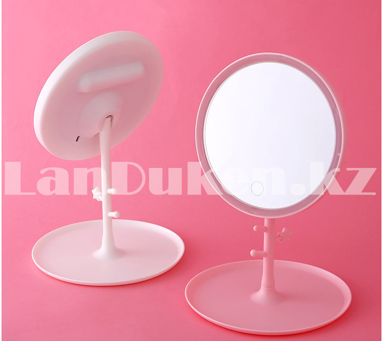 Зеркало косметическое настольное аккумуляторное с подсветкой 3 режимами с подставкой для украшений розовое - фото 3 - id-p87658145