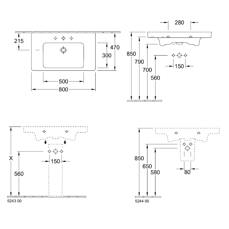 Раковина подвесная 800х470 мм Subway 2.0 7175 80 01 Villeroy&Boch - фото 2 - id-p87733316