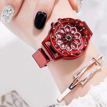 Часы женские наручные «Бриллиантовый цветок» с вращающимся циферблатом и магнитным ремешком (Красный)