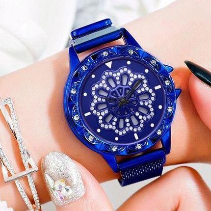Часы женские наручные «Бриллиантовый цветок» с вращающимся циферблатом и магнитным ремешком (Синий), фото 2