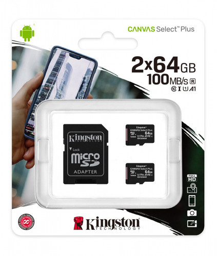 Карта памяти Kingston 64GB micro SDHC Canvas Select Plus 100R A1 C10 Two Pack + Single ADP - фото 1 - id-p87673416