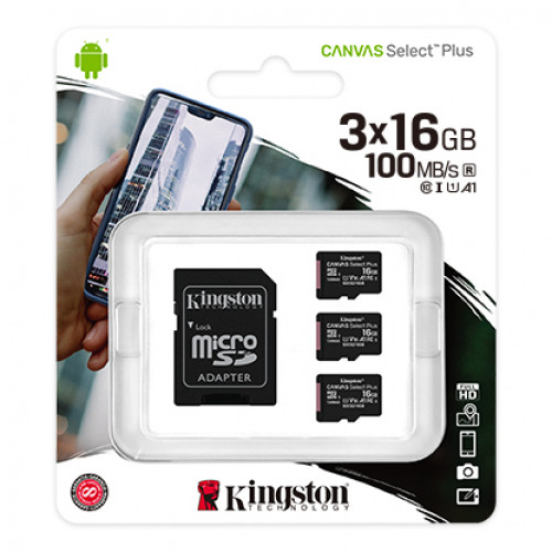 Карта памяти Kingston 16GB micro SDHC Canvas Select Plus 100R A1 C10 Three Pack + Single ADP, SDCS2/