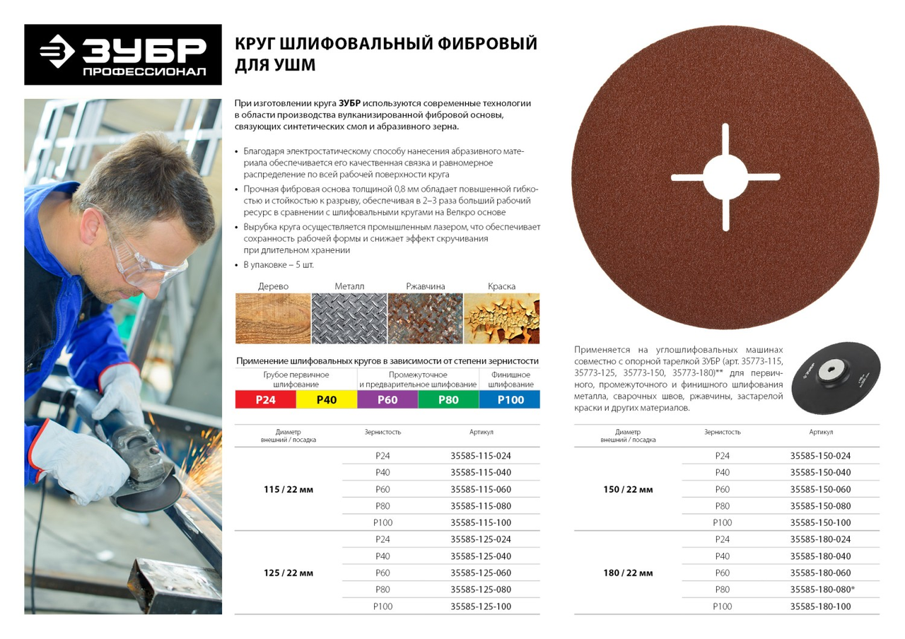 Круг шлифовальный фибровый для УШМ, ЗУБР, P40, 125х22 мм, 5 листов, серия "Профессионал" (35585-125-040) - фото 2 - id-p87854004