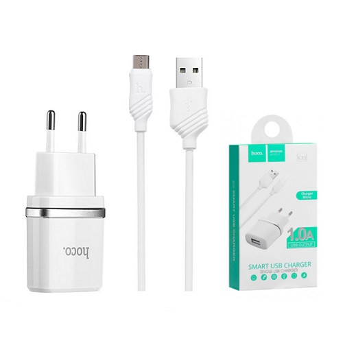 Сетевое зарядное устройство Hoco C11 + кабель micro usb 1XUSB 1A White
