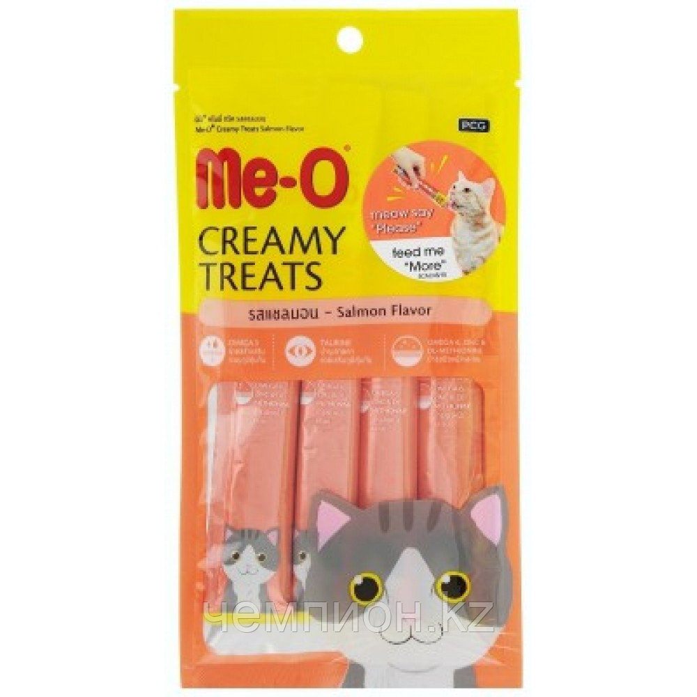 Me-O,  кремовые лакомства для кошек, с лососем, пауч 15 гр.