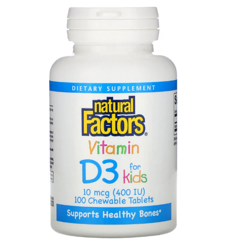 Natural Factors, витамин D3, клубничный вкус, 10 мкг (400 МЕ), 100 жевательных таблеток - фото 1 - id-p88134780
