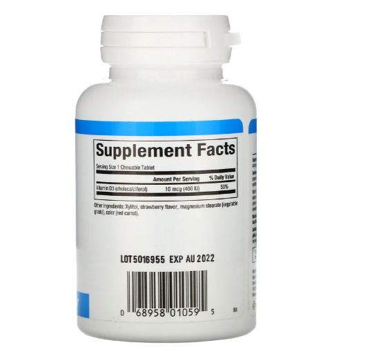 Natural Factors, витамин D3, клубничный вкус, 10 мкг (400 МЕ), 100 жевательных таблеток - фото 2 - id-p88134780