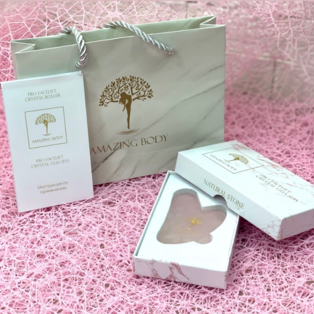 Скребок  Гуаша розовый кварц в подарочной упаковке AMAZING BODY ( Pro facelift Crystal Gua Sha )