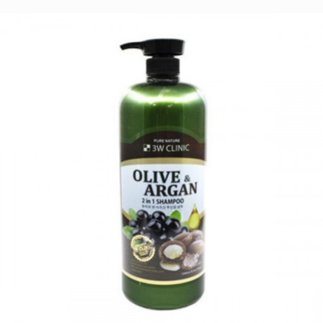 Шампунь для повреждённых волос с маслами аргании и оливы 3W Clinic Olive & Argan 2 in 1 Shampoo 1500 ml