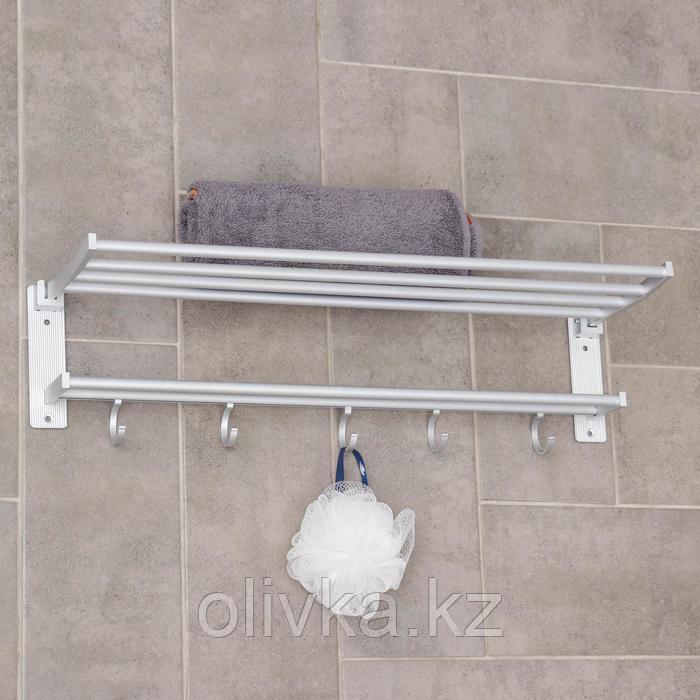 Полка откидная с держателем полотенец, 5 крючков, 57×19×15 см, цвет серый