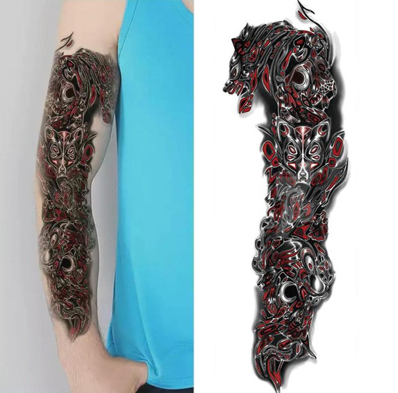 Временное тату полный рукав с узором красный-черный QB-3007 15х43 см