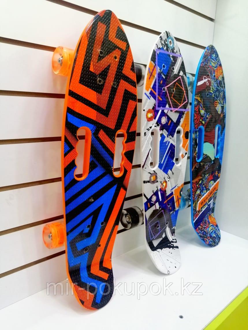 Детский Пенни борд со светящимися колесами с рисунками, с ручкой (Penny Board, скейт, пластборд), Алматы
