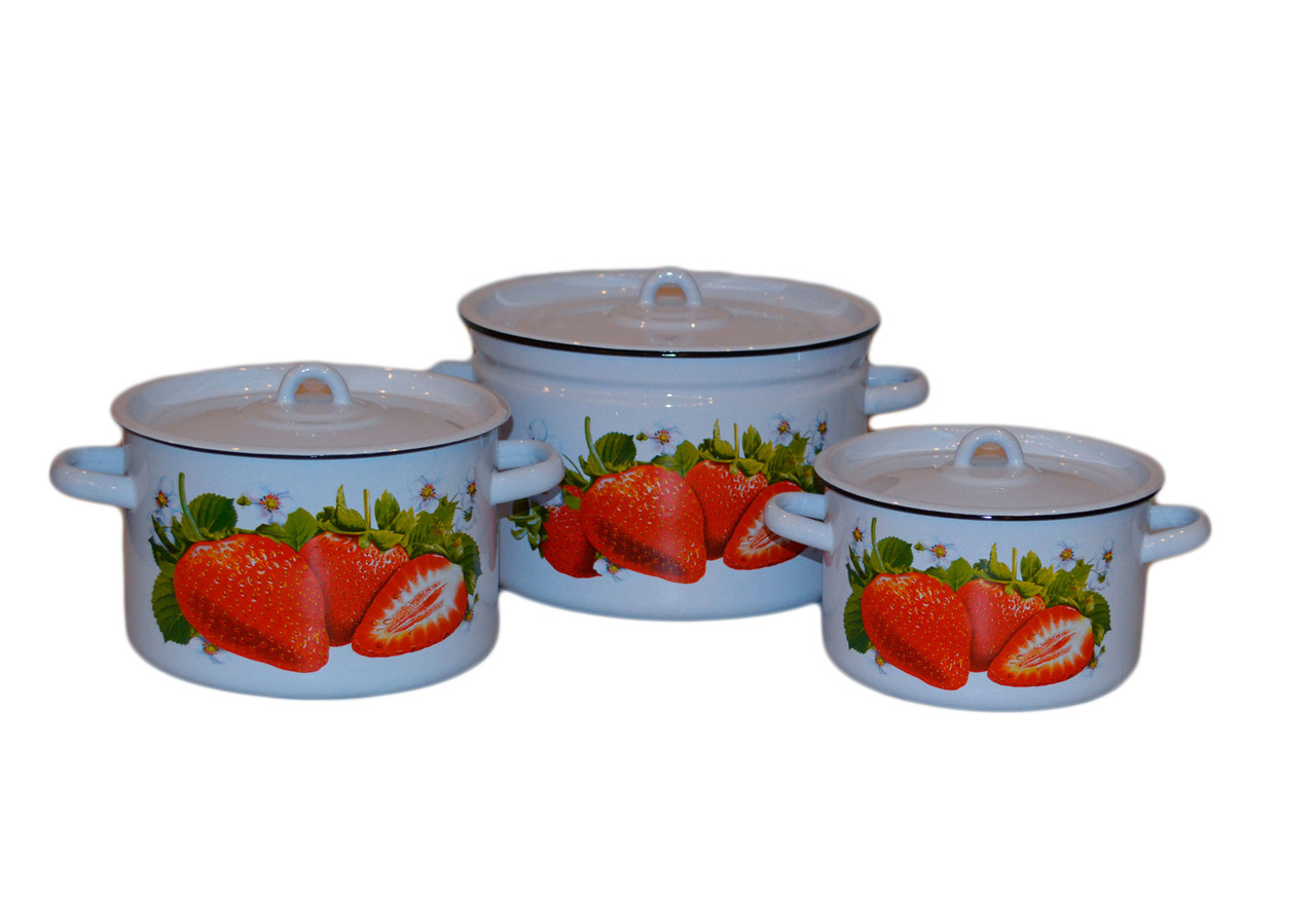 Набор кастрюль №33 из 3 пр. "Клубника садовая", серо-гол. (СтальЭмаль, Россия), фото 1