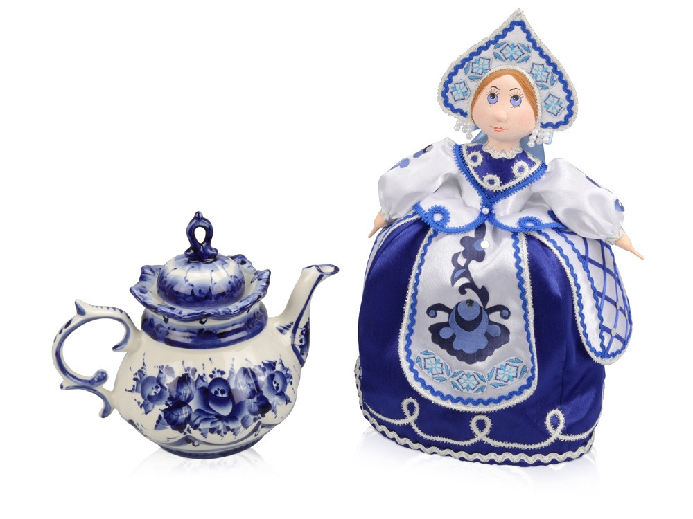 Набор Гжель: кукла на чайник, чайник заварной с росписью (артикул 6268) - фото 1 - id-p65810346