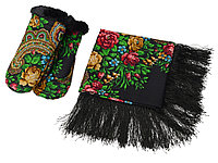 Набор: Павлопосадский платок, рукавицы, черный/разноцветный (артикул 94728)