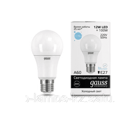 Лампа Gauss Elementary A60 12W 1170lm 6500K E27 LED 1/10/50, фото 2