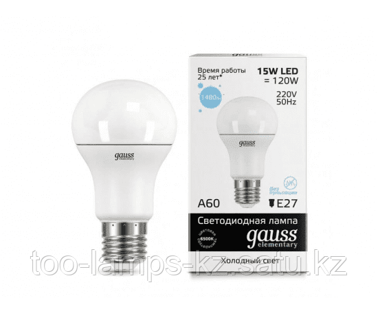Лампа Gauss Elementary A60 15W 1480lm 6500K E27 LED 1/10/50, фото 2