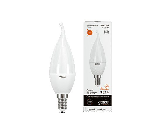 Лампа Gauss Elementary Свеча на ветру 8W 520lm 3000K Е14 LED 1/10/50, фото 2