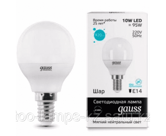 Лампа Gauss Elementary Шар 10W 730lm 4100K Е14 LED 1/10/100, фото 2