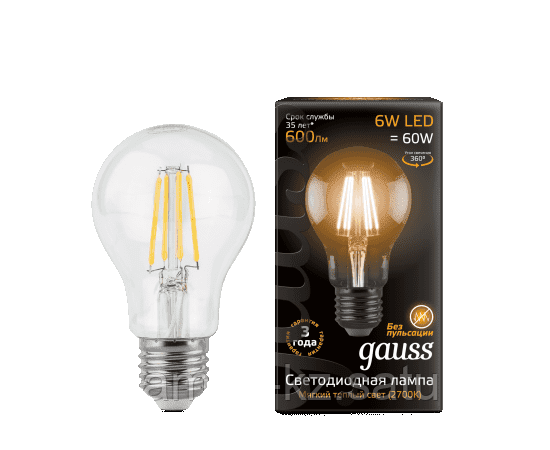 Gauss LED Filament A60 E27 6W 2700К 1/10/50