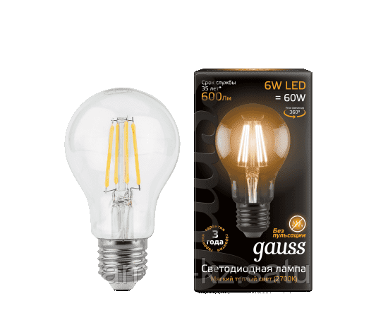 Gauss LED Filament A60 E27 6W 2700К 1/10/50, фото 2