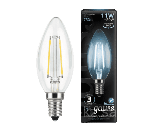 Лампа Gauss Filament Свеча 11W 750lm 4100К Е14 LED 1/10/50, фото 2