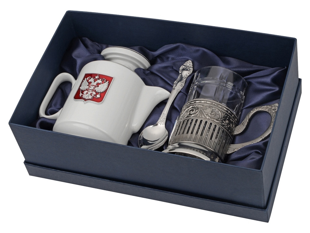 Чайный набор с подстаканником и фарфоровым чайником ЭГОИСТ-М, серебристый/белый (артикул 6105)