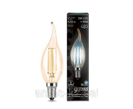 Лампа Gauss Filament Свеча на ветру 5W 420lm 4100К Е14 golden LED 1/10/50, фото 2