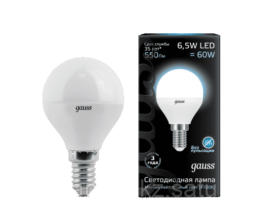 Лампа Gauss Шар 6.5W 550lm 4100K E14 LED 1/10/100, фото 2