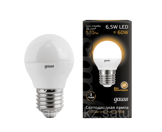 Лампа Gauss Шар 6.5W 520lm 3000K E27 LED 1/10/100, фото 2