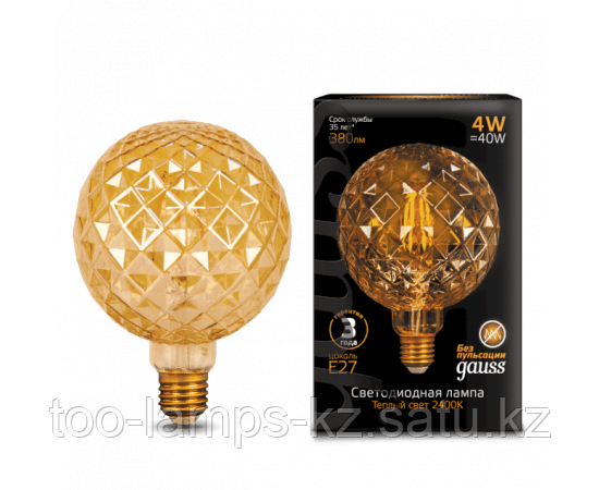 Лампа Gauss Filament G120 4W 380lm 2400К Е27 golden LED 1/20, фото 2