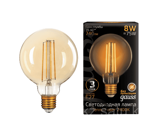 Лампа Gauss Filament G95 8W 740lm 2400К Е27 golden LED 1/20, фото 2
