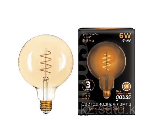 Лампа Gauss Filament G125 6W 360lm 2400К Е27 golden flexible LED 1/20, фото 2